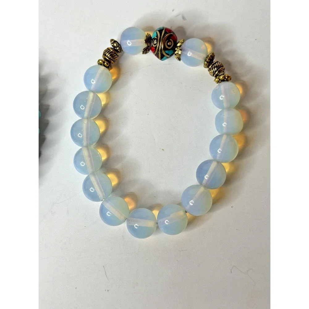 Nepalese Tibetan-Style Buddhist Om Pendant Turquoise Opalite Beaded Bracelet Set